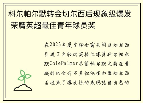 科尔帕尔默转会切尔西后现象级爆发 荣膺英超最佳青年球员奖