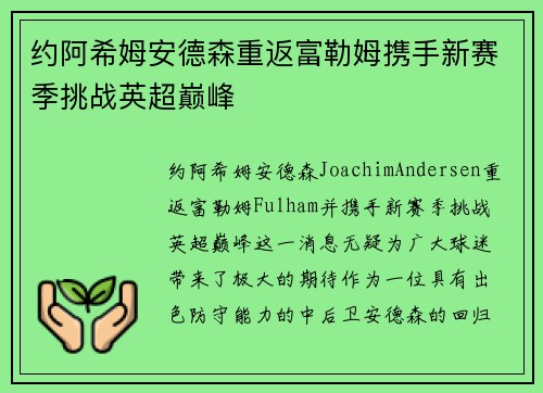 约阿希姆安德森重返富勒姆携手新赛季挑战英超巅峰